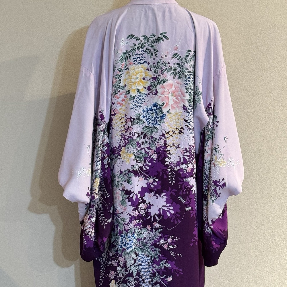Vintage Reversible Japanese Rayon Kimono Robe Purple Floral Made Japan 1930s - Picture 8 of 16